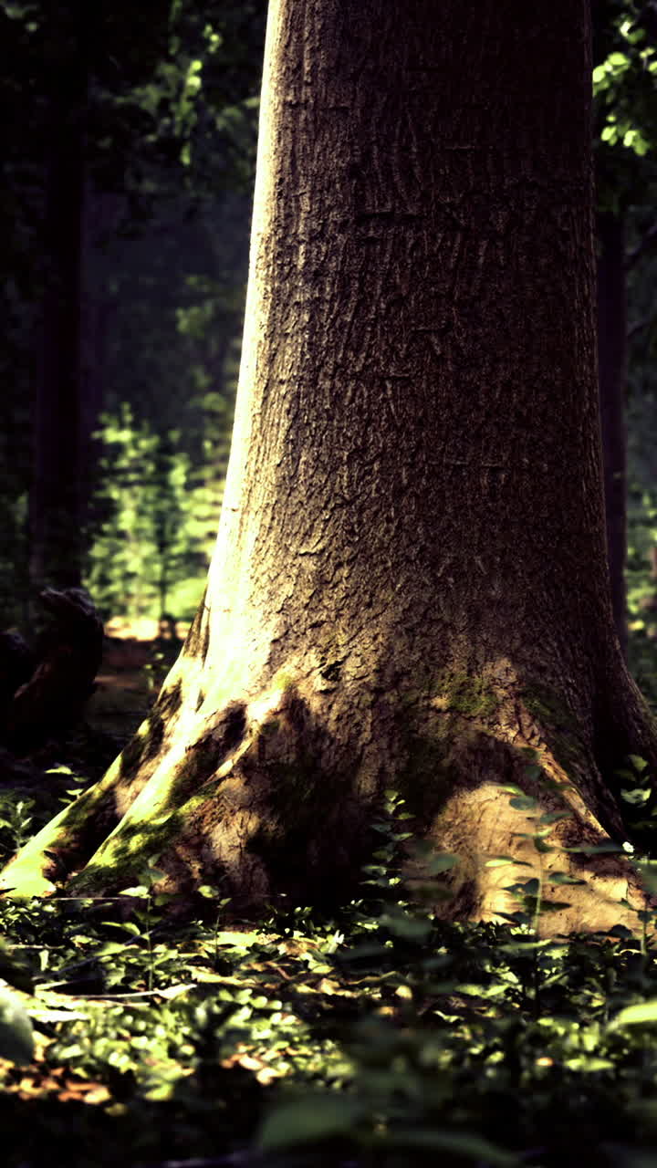 Tall tree with sunlight filtering through leaves in a forest scene