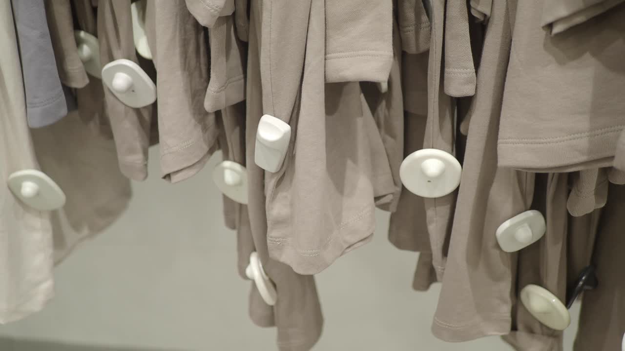Close-up of hanging beige t-shirts with security tags in a retail store