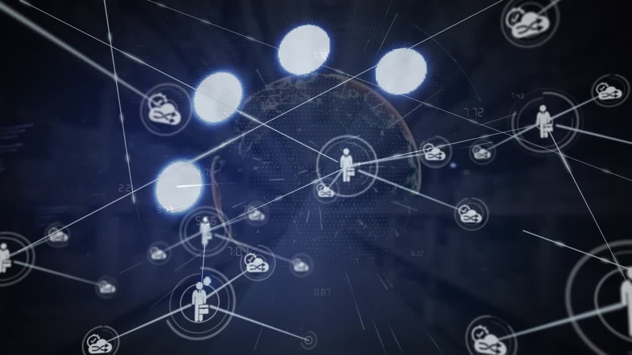 Animation of network of connections with icons over globe