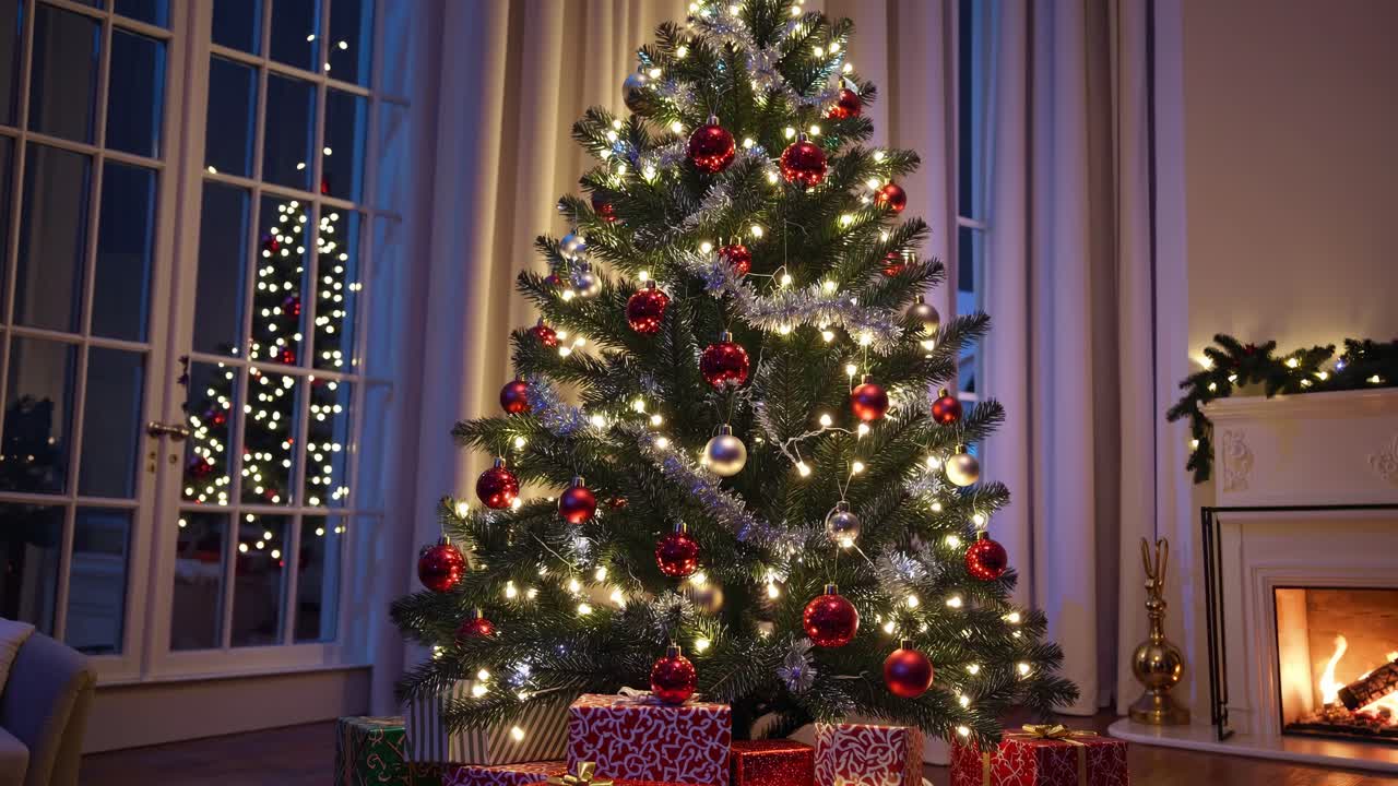 Cozy Christmas scene with a decorated tree, gifts, and fireplace. Shot from a low angle, perfect