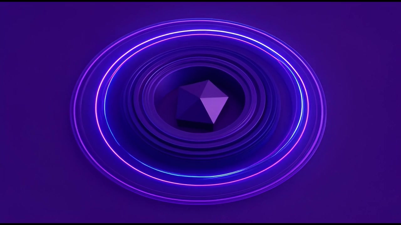Abstract 3D Animation of Rotating Purple Geometric Shapes and Glowing Light Rings
