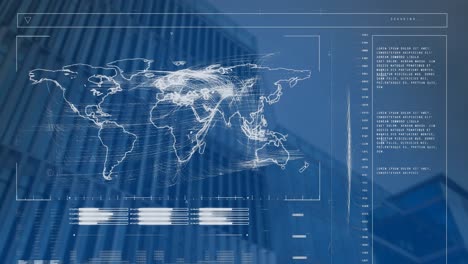 Animation-of-interface-with-data-processing-and-world-map-against-low-angle-view-of-tall-building