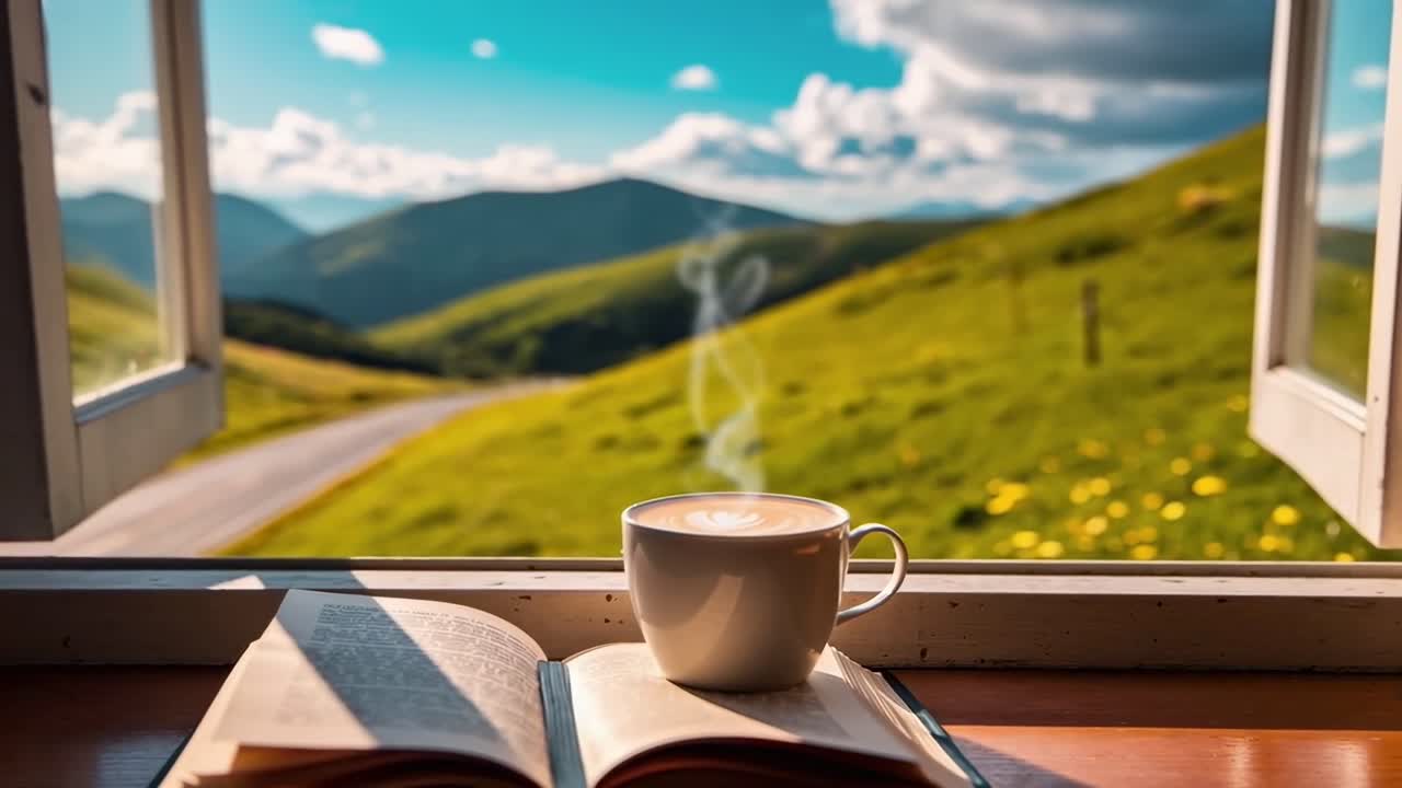 Una acogedora escena de video con una vista en ángulo bajo de una taza de café y un libro junto a una ventana abierta.