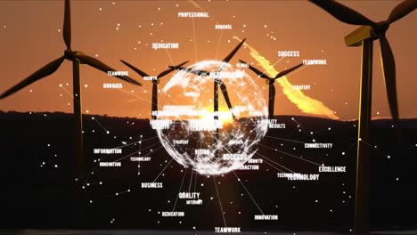 globo giratorio con conexiones de datos contra turbinas eólicas