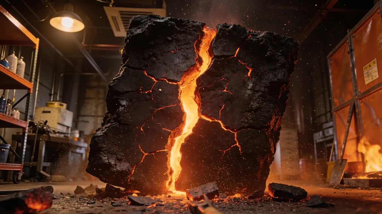 Cracking block from heat, widening molten fissure and sending embers across metal cabinets in shop