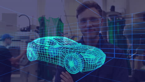 animación de un dibujo de coche en 3d sobre un hombre con gafas de protección