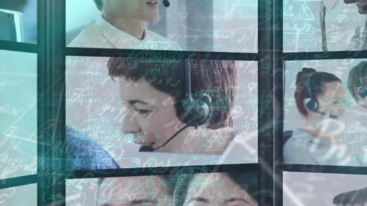 animación de ecuaciones matemáticas sobre pantallas con personas de negocios que usan auriculares