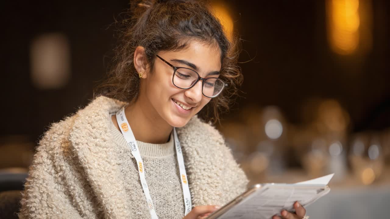Une jeune femme absorbée par la lecture d’un livre tout en souriant, capturée sous un éclairage naturel dans une ambiance chaleureuse et confortable