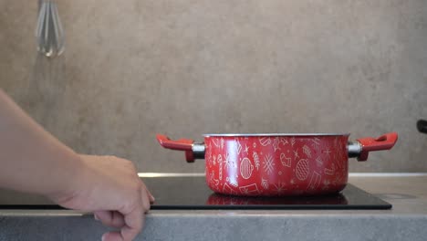 person cooking with red christmas pot on stove