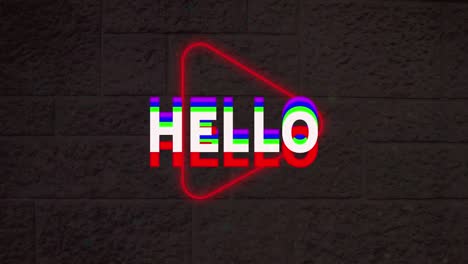 animación de un banner de texto de saludo sobre un icono de juego rojo neón contra una pared de ladrillo gris