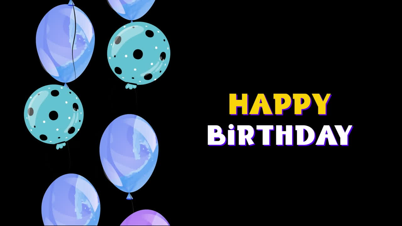 animación de texto de feliz cumpleaños sobre globos azules sobre fondo negro.