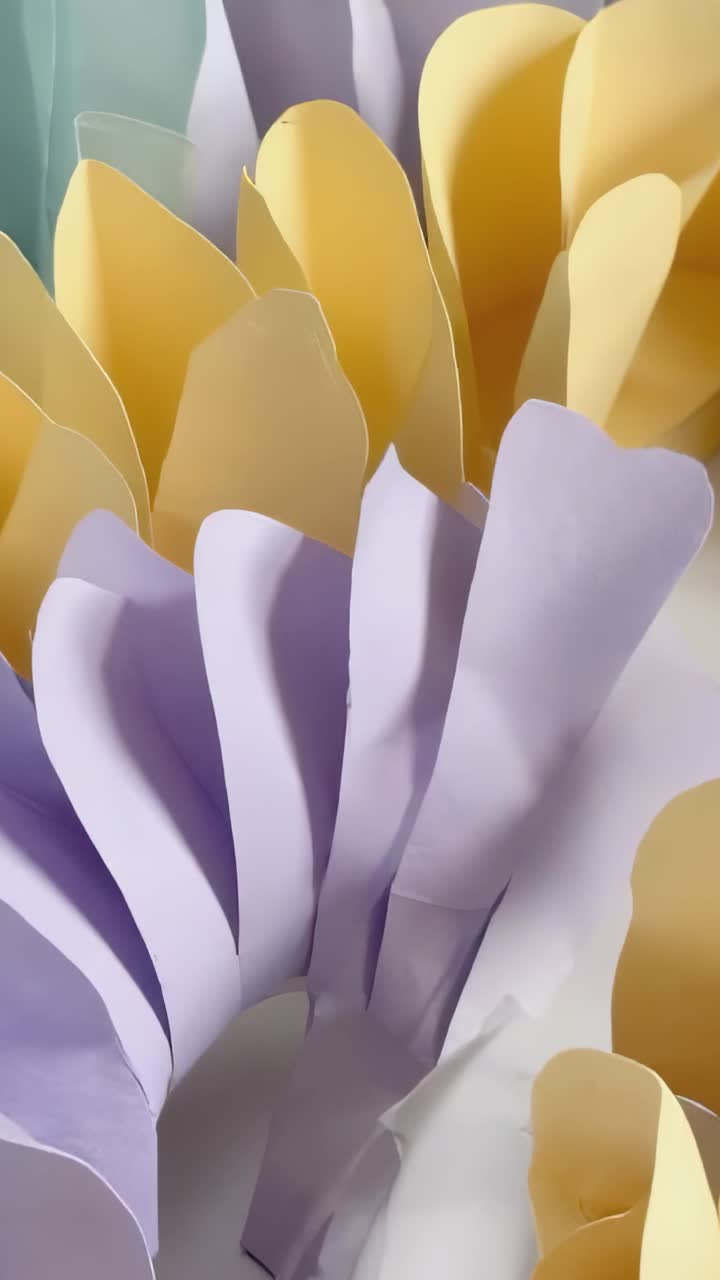 Vertical video: Tilting camera at start revealing paper flower on craft desk then cutting to black