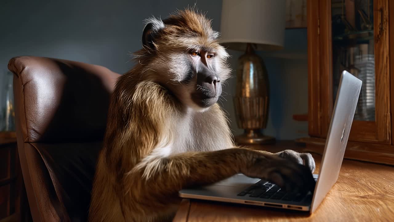 Macaco sentado em cadeira de couro, focado no laptop. Mãos digitam ativamente, expressão demonstra concentração. Iluminação quente realça a textura do pelo e a superfície da mesa de madeira. Ideal para humor, sátira de escritório.