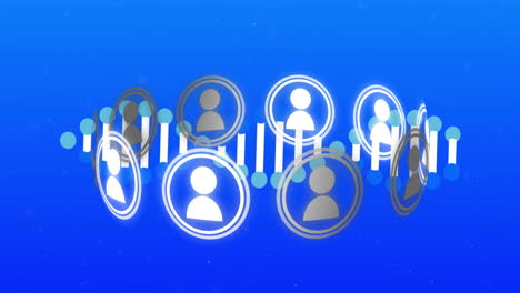 animation of network of connections with people icons and dna strand over blue background