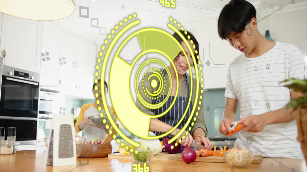 Right man peeling, cutting carrots at island, yellow HUD moving, hiding center cook for meal prep