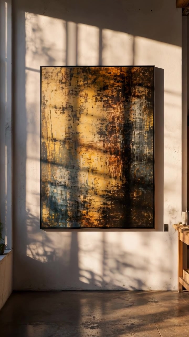 Stanza illuminata dal sole con opere d'arte testurizzate sulla parete che mostra mutevoli schemi di luce e ombra sulla superficie, con illuminazione calda, colori tenui e una composizione interna tranquilla da un punto di vista fisso