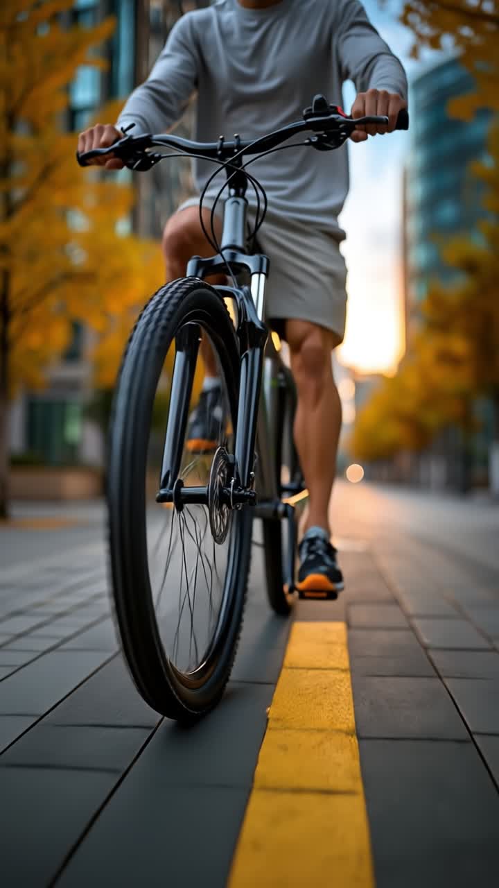 Low angle view of a person riding a bicycle on a modern city bike path at sunset