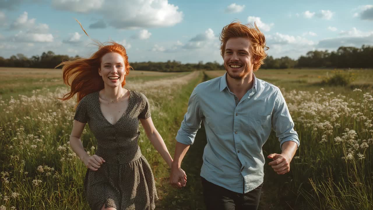 Coppia dai capelli rossi che cammina lungo il sentiero del prato, donna in abito verde che si tiene per mano, brezza che solleva i capelli