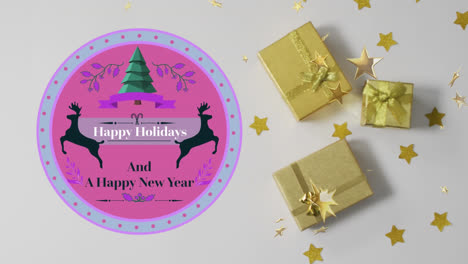Animation-of-happy-holidays-and-happy-new-year-christmas-text-on-tag-over-presents