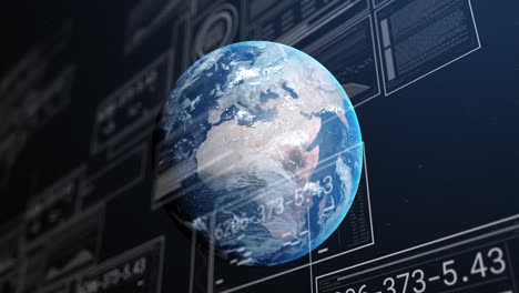 animation of multiple graphs, changing numbers, loading bars and circles over globe