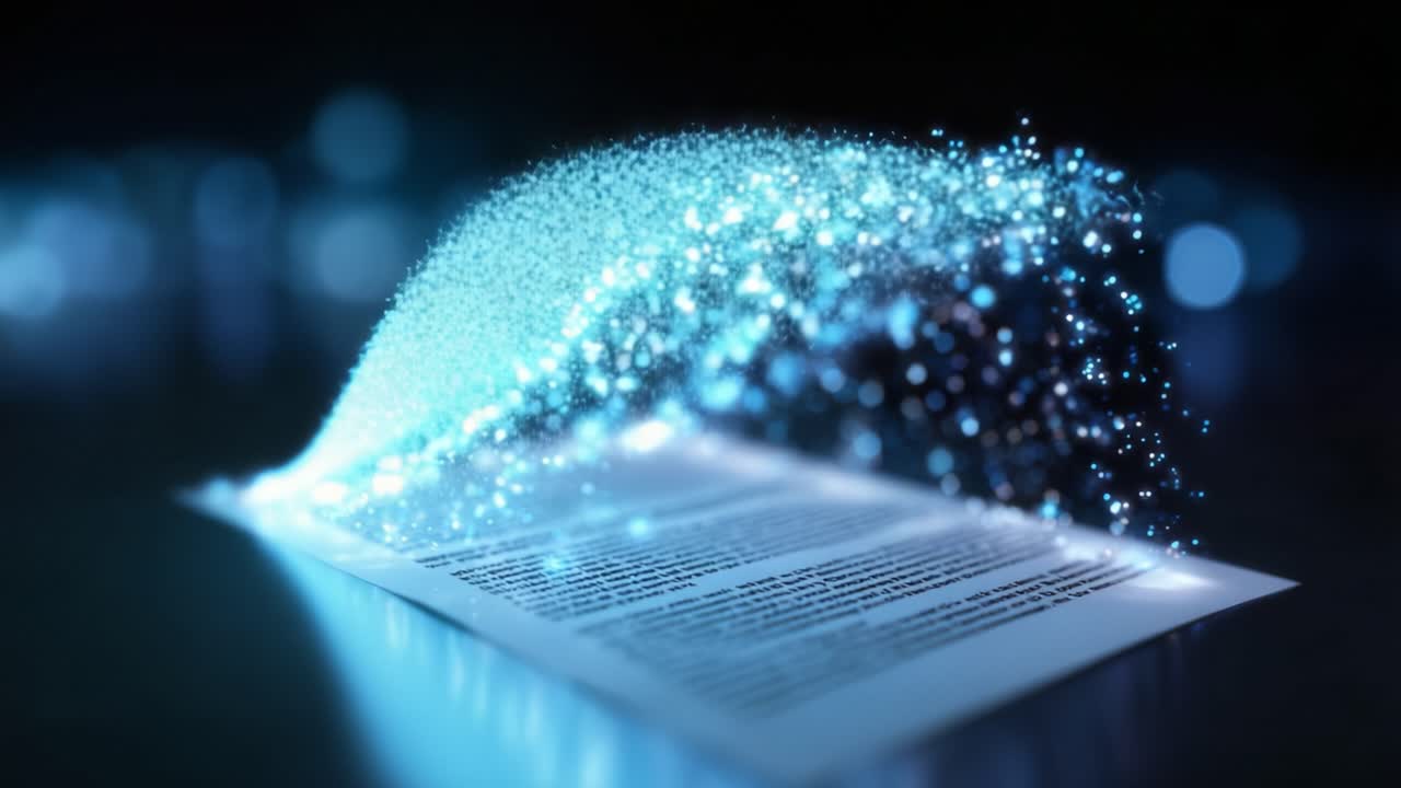 A mesmerizing transformation of a paper document into a cloud of shimmering particles, showcasing a blend of technology and creativity captured in stunning detail