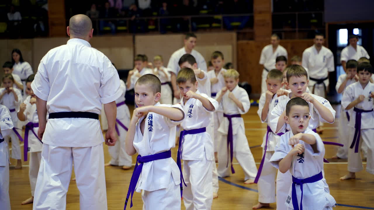 Teenage karate kids practicing diverse moves during training. Adult trainers walk along the rows and watch the students. Blurred backdrop.