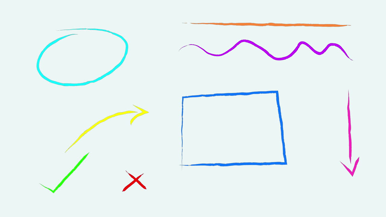 animación de múltiples símbolos y formas coloridas que se mueven contra un fondo blanco.
