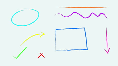 animación de múltiples símbolos y formas coloridas que se mueven contra un fondo blanco.