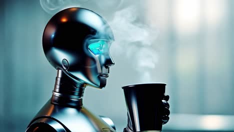 metallic robot holds a steaming cup of coffee, showcasing a blend of technology and enjoyment in a futuristic setting