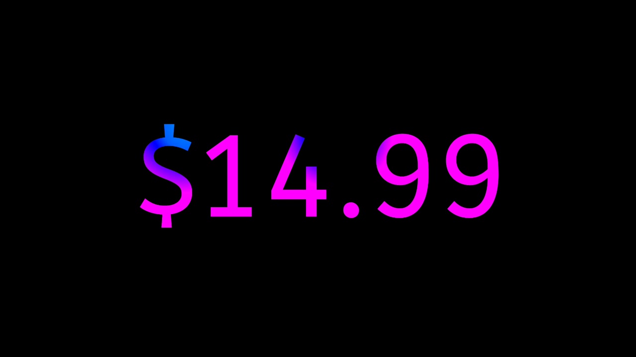 Modern Neon Fiyat Etiketi 14.99 Dolar Animasyonu, Siyah Arka Plan Üzerinde Parlayan Gradyan Para Birimi Metni Hareketli Grafikler, Döngüsel İş Konsepti.