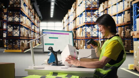 vertical video male worker managing package labeling using shipment details adhesive tags
