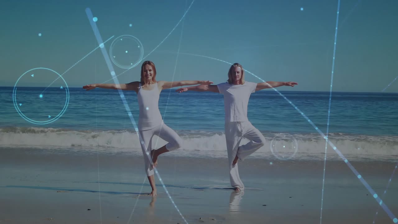 woman and man walking onto wet sand, shifting into tree pose while digital circles swirling