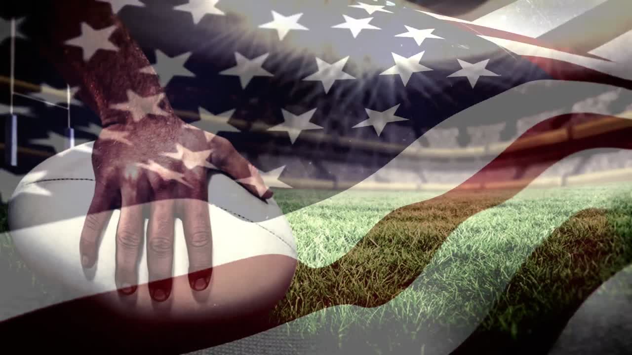 animación digital de un jugador de rugby sosteniendo la pelota de rugby en el campo 4k