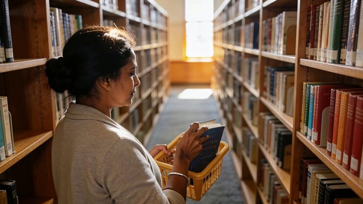 Donna in cardigan che scansiona, fa ricerche, raggiunge e ripone un libro blu in un cesto giallo nel corridoio di una biblioteca