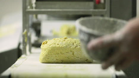 bread loaf dough divider machine - cut dough on the moving conveyor - selective focus