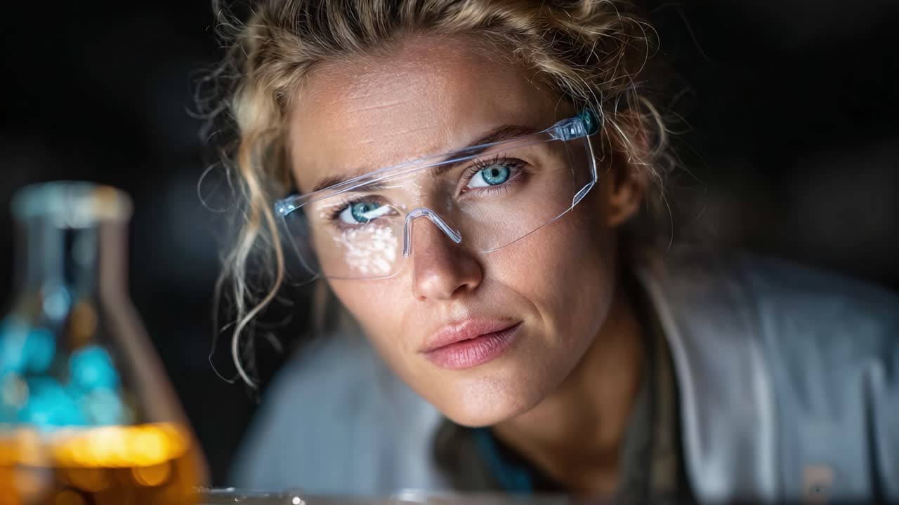 A Focused Scientist in a Laboratory Setting, Analyzing Chemical Reactions with Intense Curiosity and High-Tech Protective Gear Under Soft Lighting