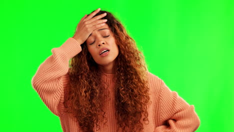 Stress,-fail-and-face-of-woman-in-green-screen