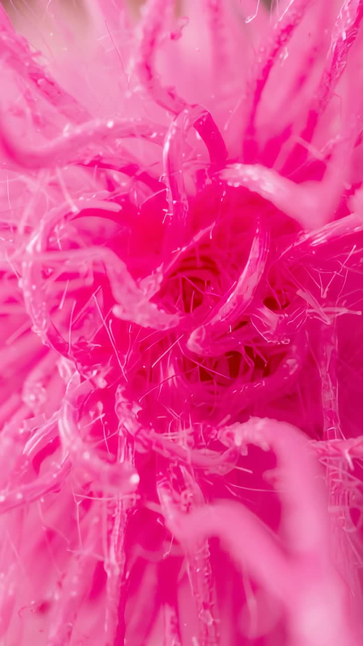 Video verticale: Macro lente con messa a fuoco che mostra la cavità centrale di un fiore rosa, rivelando i dettagli nel giardino