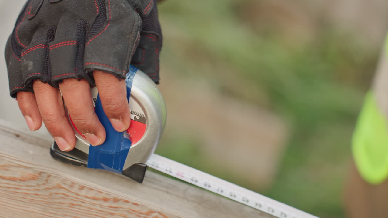 Closeup hands measuring plank for repair, fingered gloves hold tape steady while marking millimeter increments on wood, intimate DIY scene with sanding dust and steady motion, careful prep for final