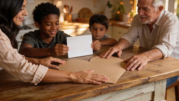 Smoothing woman reaching cardboard heart at kitchen table after older boy holding card for craft