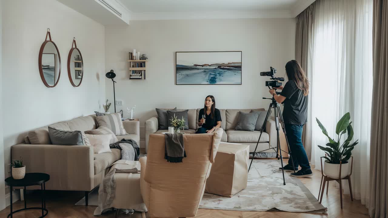 Adjusting operator moving camera tripod in living room, framing shot, woman in dark holding mic