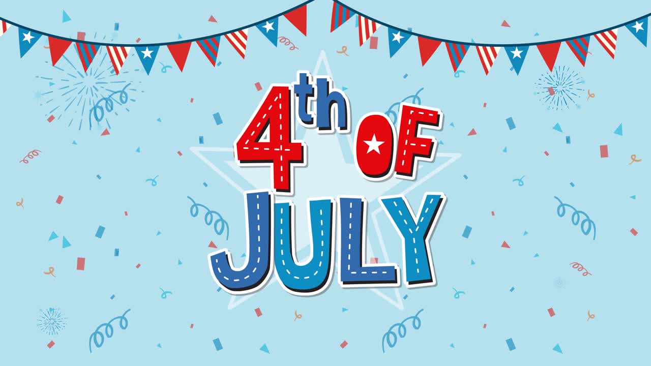 Patriotic animation with fireworks and bunting celebrating Independence Day. Vibrant colors and dynamic transitions create a festive atmosphere