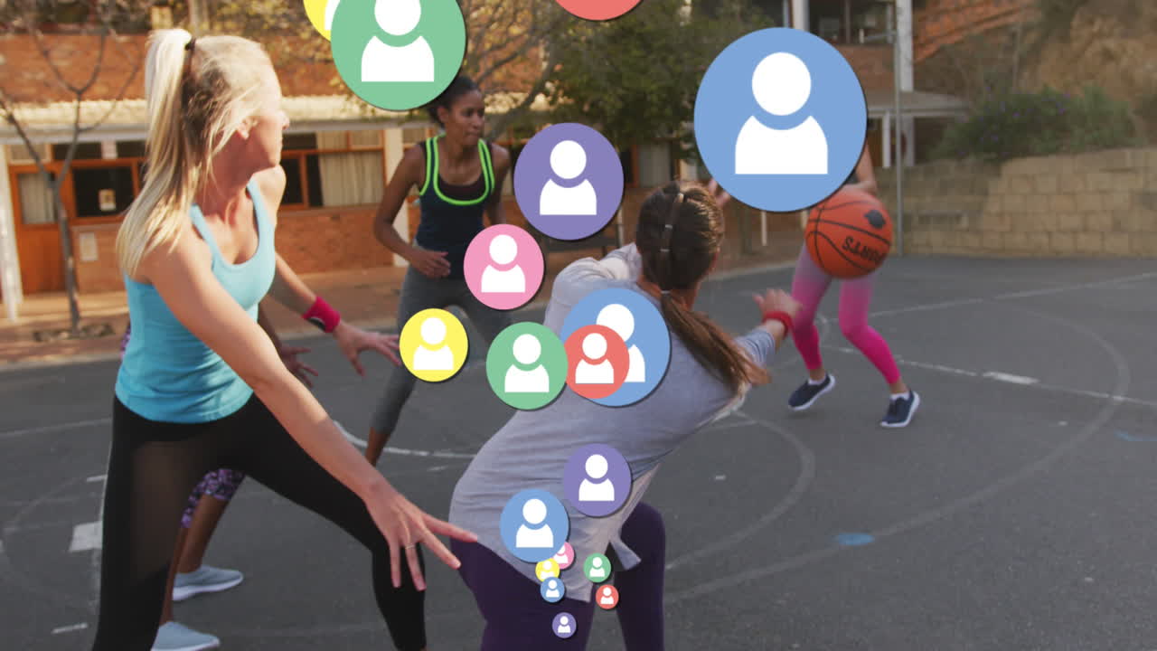 Animation of social media icons over diverse basketball players