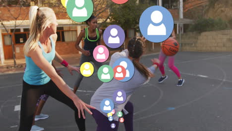 animation of social media icons over diverse basketball players