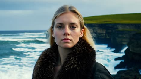 woman standing on coastline with ocean waves and cliffs in background