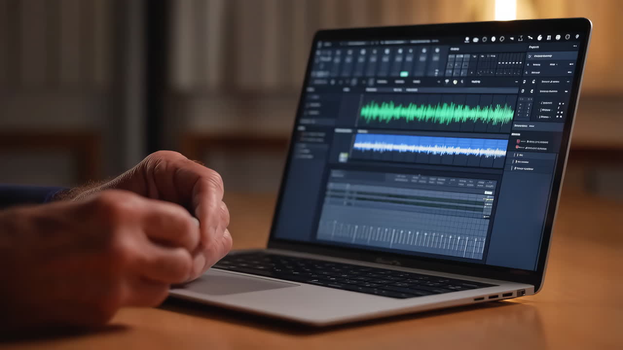 Person editing audio on a laptop with a stylus