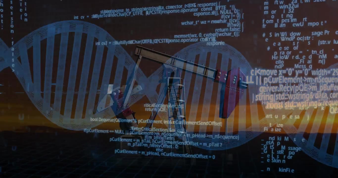 Sunset horizon driving 3D helix rotating emerging behind oil pump jack pumping causing code cascade