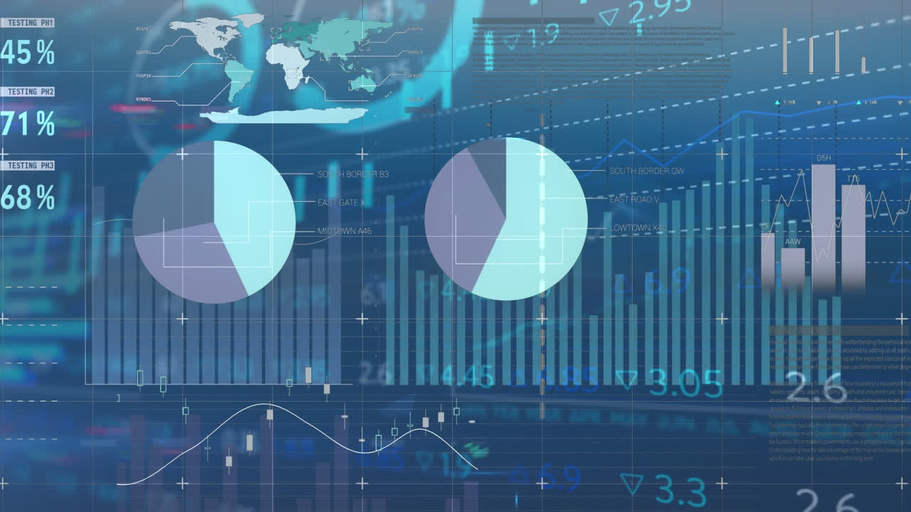 Animation of financial data processing over blue background
