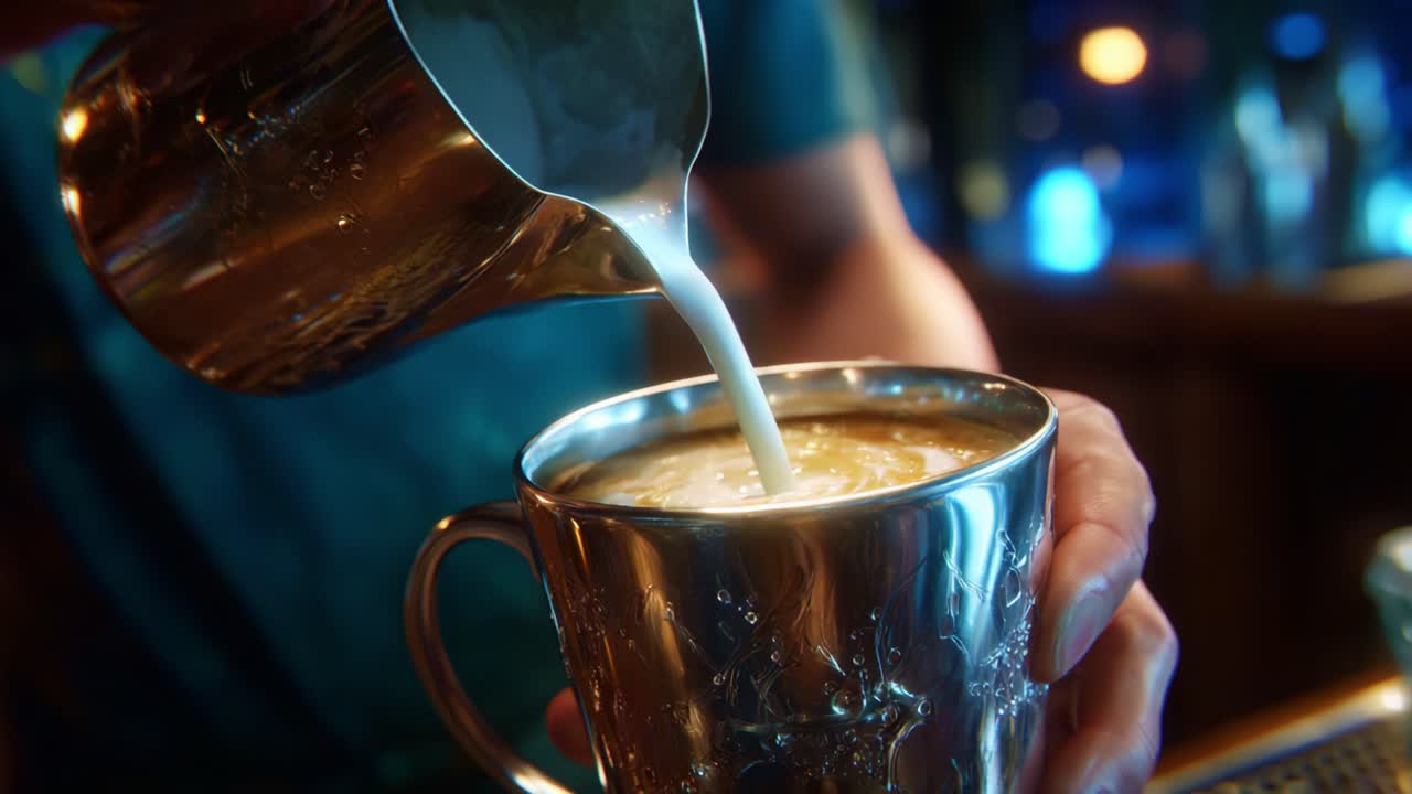 Crafting the Perfect Beverage: An Artful Pour of Milk into a Cup for a Creamy Texture and Beautiful Latte Art in a Cozy Setting
