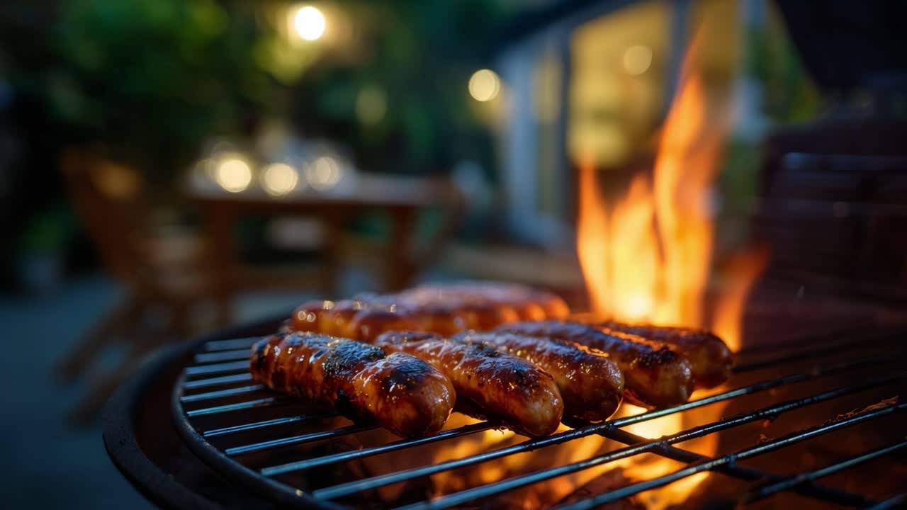 Grillning af lækre pølser over en grill med dansende flammer: En perfekt sommeraftensoplevelse med venner og familie samlet omkring den hyggelige ild.